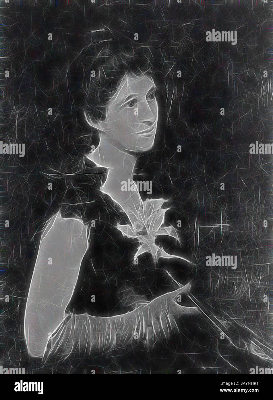 Une femme se tient gracieusement, ornée d'un vêtement délicat, tenant une fleur près de sa poitrine. Son expression transmet un sentiment de calme et d'introspection, tandis que l'arrière-plan ajoute une qualité onirique et éthérée à la scène. Portrait de MRS Charles L. Hutchinson, 1890, Jules-Élie Delaunay, français, 1828-1891, France, huile sur toile, 78,9 × 60 cm (31 1/16 × 23 5/8 po.) Art classique avec une touche moderne réinventé par Artotop Banque D'Images