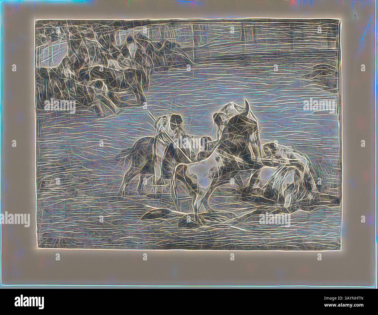 Une scène dynamique représentant un groupe de chevaux en mouvement, capturant l'énergie et le mouvement des animaux lorsqu'ils interagissent les uns avec les autres au milieu d'un fond texturé. Picador attrapé par un taureau, des taureaux de Bordeaux, 1825, Francisco José de Goya y Lucientes (espagnol, 1746-1828), imprimé par Cyprien Charles Marie Nicolas Gaulon (français, 1777-1858), Espagne, crayon lithographique et grattoir en noir sur papier tissé, 313 x 413 mm (image), 385 x 508 mm (feuille) Art classique avec une touche moderne réinventée par Artotop Banque D'Images
