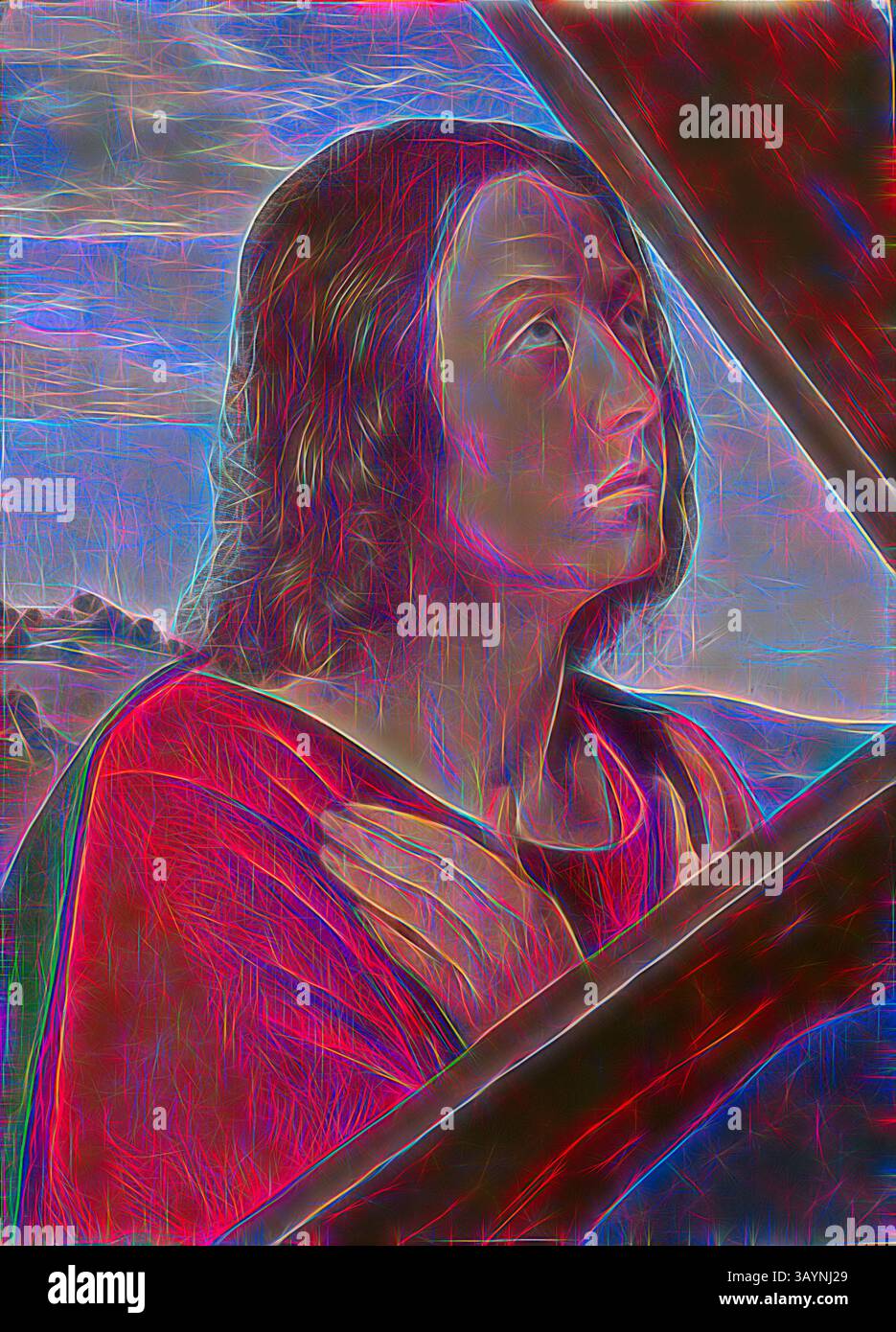 Une figure contemplative regarde vers le haut, drapée de robes vibrantes qui contrastent avec un décor doux et atmosphérique. L’expression reflète un profond sentiment d’introspection et de sérénité. Fragment du Christ portant la croix : Saint Jean l'évangéliste, 1500/05, Jean Hey, connu sous le nom de Maître de Moulins, Lyon actif et Moulins, c. 1475-c. 1505, Provence, huile sur panneau, 10 3/4 × 7 7/8 in. (27,3 × 20 cm), image : 10 1/4 × 7 7/16 po. (26 × 18,8 cm) Art classique avec une touche moderne réinventée par Artotop Banque D'Images