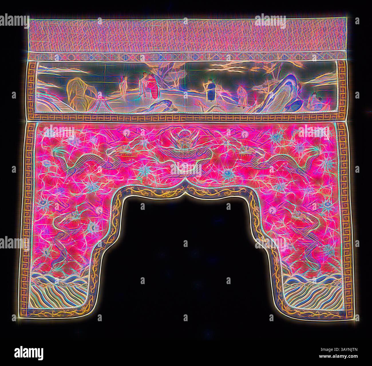 Arche décorative ornée de motifs complexes et de couleurs éclatantes, mettant en valeur des motifs artistiques qui mélangent des motifs culturels et un style onirique. Cantonnière, dynastie Qing(1644–1911), 1799, Chine, Haut : coton, tissage Uni, imprimé blocs, bande étroite : soie, tissage satiné 5 :1 face flottante avec trame flottante entrelacement sergé 1 :2 's' de chaînes de liaison secondaires et de trames de motifs supplémentaires, panneaux supérieur et inférieur : soie et soie enveloppée de feuilles d'or sur papier laqué, tissage tapisserie fendu avec trames de contour entrelacées, détails peints, bandes extérieures : soie et feuilles d'or sur papier laqué Banque D'Images