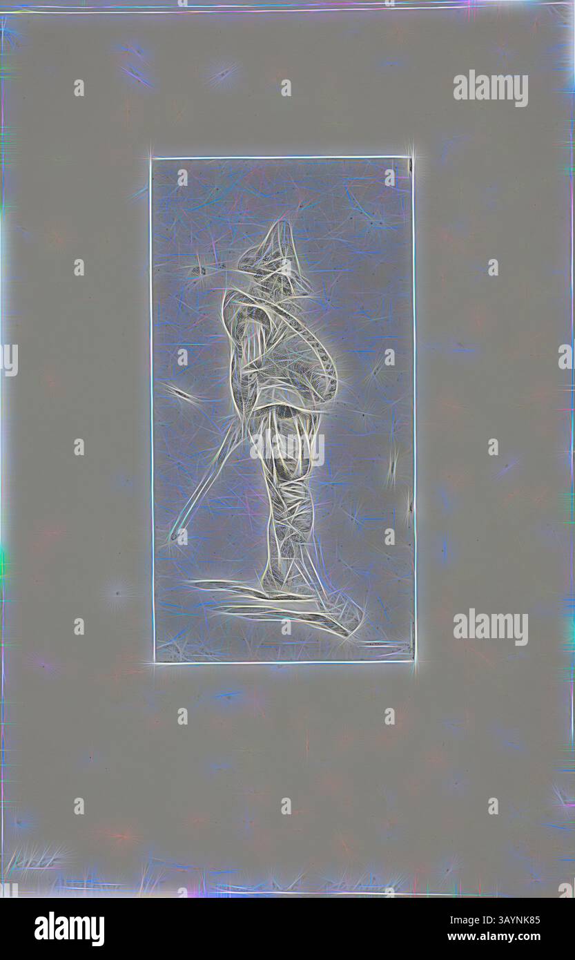 Une figure stylisée d'un soldat se tient à l'attention, tenant une épée. Les détails complexes de l'uniforme et de la posture transmettent un sentiment de devoir et de disponibilité, entourés d'un contour doux et lumineux qui ajoute une qualité éthérée. Punchinello, c. 1850, Jean Louis Ernest Meissonier, français, 1815-1891, France, cliché-verre sur papier photographique ivoire, 158 × 81 mm (image), 278 × 182 mm (feuille) Art classique avec une touche moderne réinventé par Artotop Banque D'Images