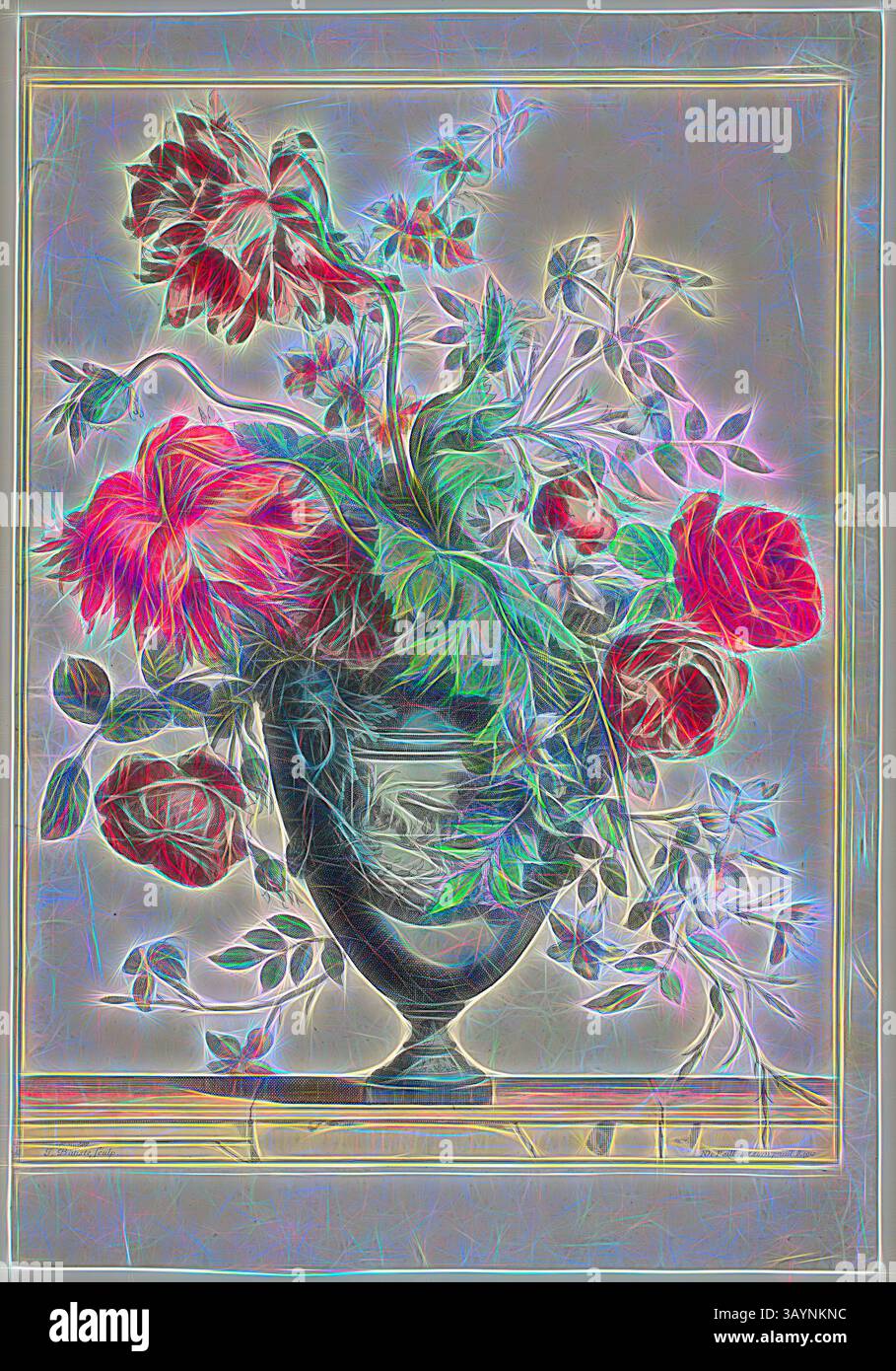 Un arrangement floral vibrant mettant en vedette des roses et des pivoines en fleurs, élégamment exposé dans un vase décoratif, avec des détails complexes et une qualité onirique et éthérée améliorant la composition globale. Vape Bleu, s.d., Jean Baptiste Monnoyer, français, 1636-1699, France, gravure colorée à la main sur papier Art classique avec une touche moderne réinventée par Artotop Banque D'Images