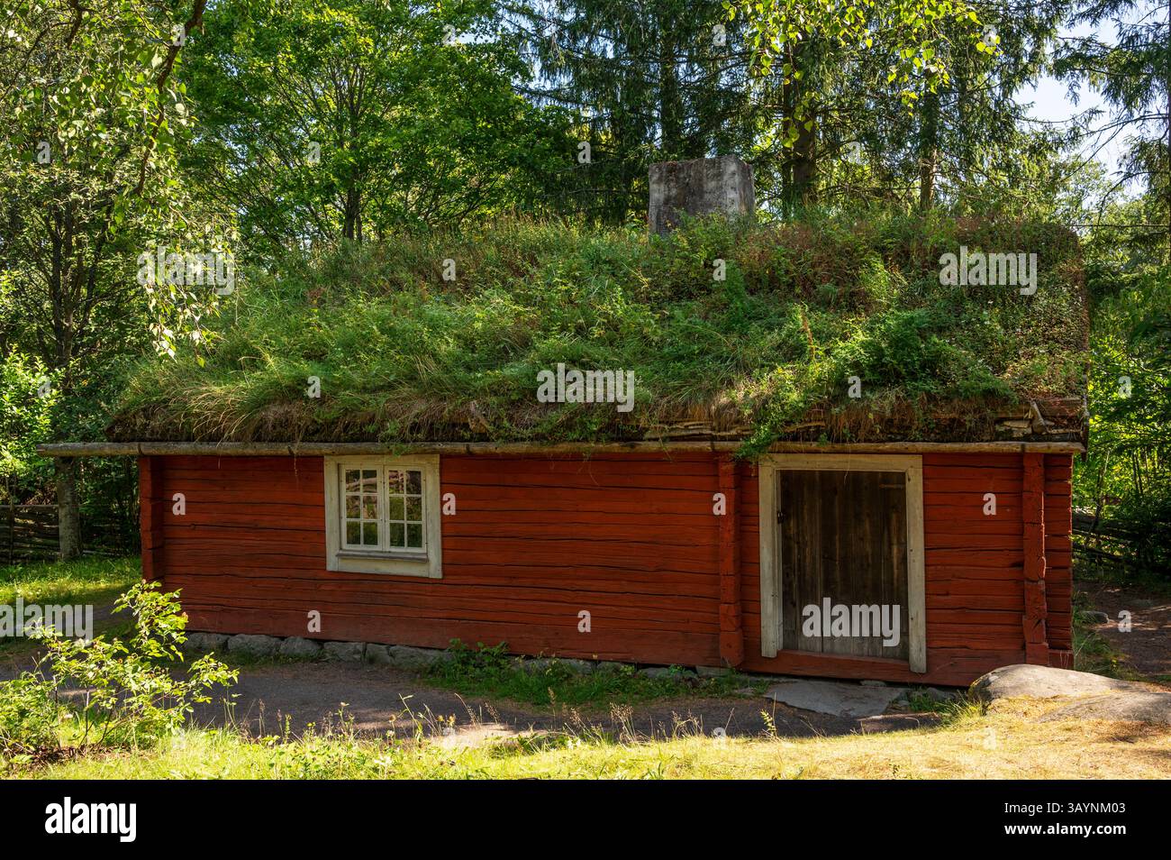 Vue des maisons traditionnelles suédoises à Skansen, le plus ancien musée en plein air situé à Djurgården à Stockholm, Suède. Banque D'Images