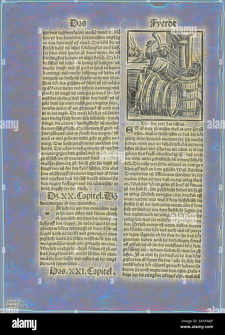 Une mise en page complexe comportant deux sections de texte distinctes. Le côté gauche affiche une écriture ornée avec une calligraphie détaillée, tandis que le côté droit contient une illustration représentant une figure interagissant avec des tonneaux, suggérant un thème de commerce ou d'artisanat. L'arrière-plan est richement texturé, améliorant la sensation historique et artistique du contenu. Illustration de von dem nutz der ding, planche dix-sept tirée de gravures sur bois de livres du XVIe siècle, 1518, Assemblée en portfolio 1937, artiste inconnu (allemand, XVIe siècle), Assemblée par Max Geisberg (suisse, 1875-1943), Allemagne, gravure sur bois Banque D'Images