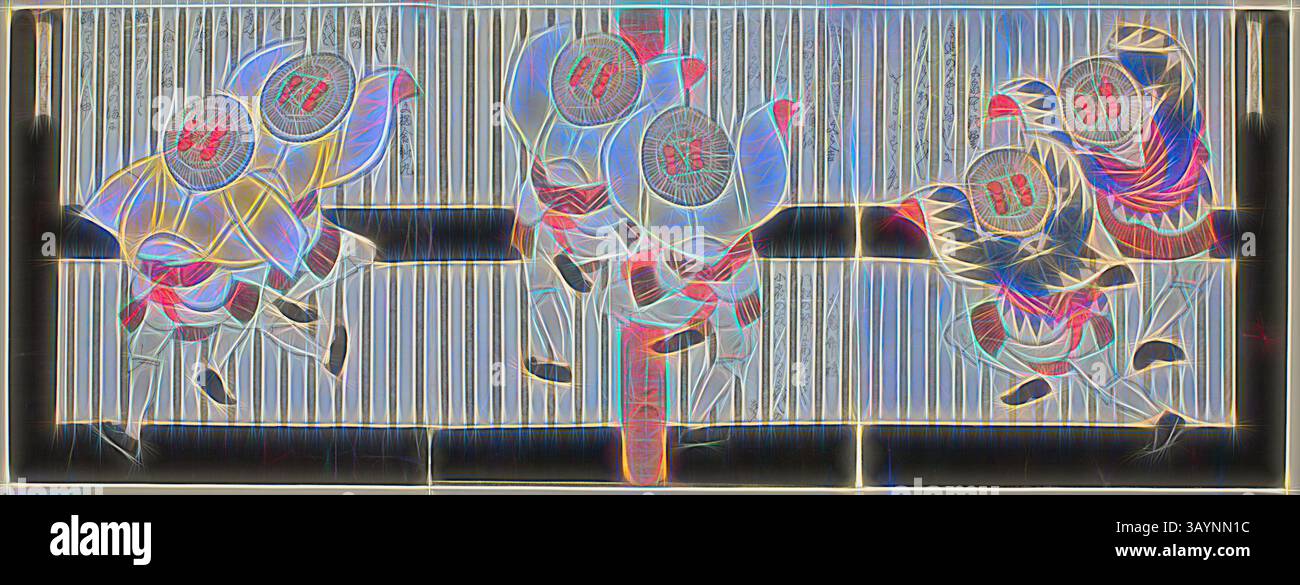 Une scène vibrante avec quatre personnages en tenue traditionnelle, engagés dans une danse animée. Ils présentent des mouvements dynamiques tout en tenant des accessoires uniques, avec des motifs complexes et des dessins visibles sur leurs costumes, placés sur un fond rayé qui ajoute de la profondeur à la composition. Danseurs de moineau, d'Un ensemble de six pour le cercle Katsushika (Katsushika rokuban tsuzuki), c. 1827/28, Yashima Gakutei, japonais, 1786 ( ?)-1868, Japon, impression sur bois couleur, trois feuilles inférieures d'hexaptyque shikishiban, surimono Classic art avec une touche moderne réinventée par Artotop Banque D'Images