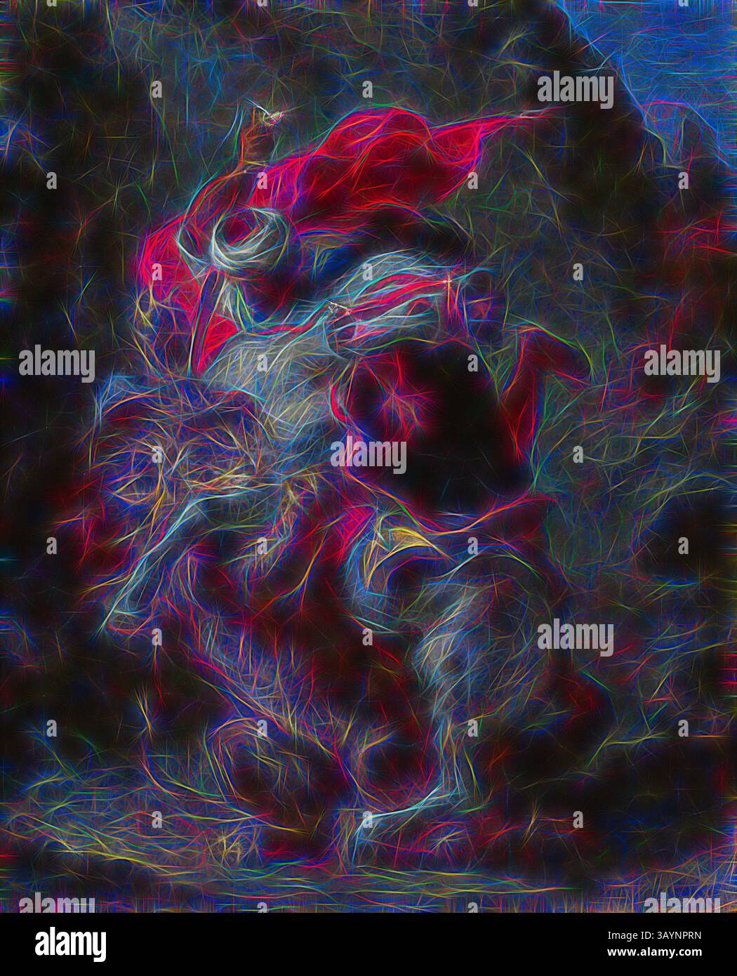 Une scène dynamique représentant une figure à cheval, ornée de vêtements fluides, entourée d'un jeu vibrant de couleurs. Les lignes tourbillonnantes et les textures évoquent un sentiment de mouvement et d’énergie, suggérant un moment dramatique d’action ou de confrontation. Cavalier arabe attaqué par un lion, 1849/50, Eugène Delacroix, Français, 1798-1863, France, huile sur panneau, 43,81 × 38,1 cm (17 1/4 × 15 in.) Art classique avec une touche moderne réinventé par Artotop Banque D'Images