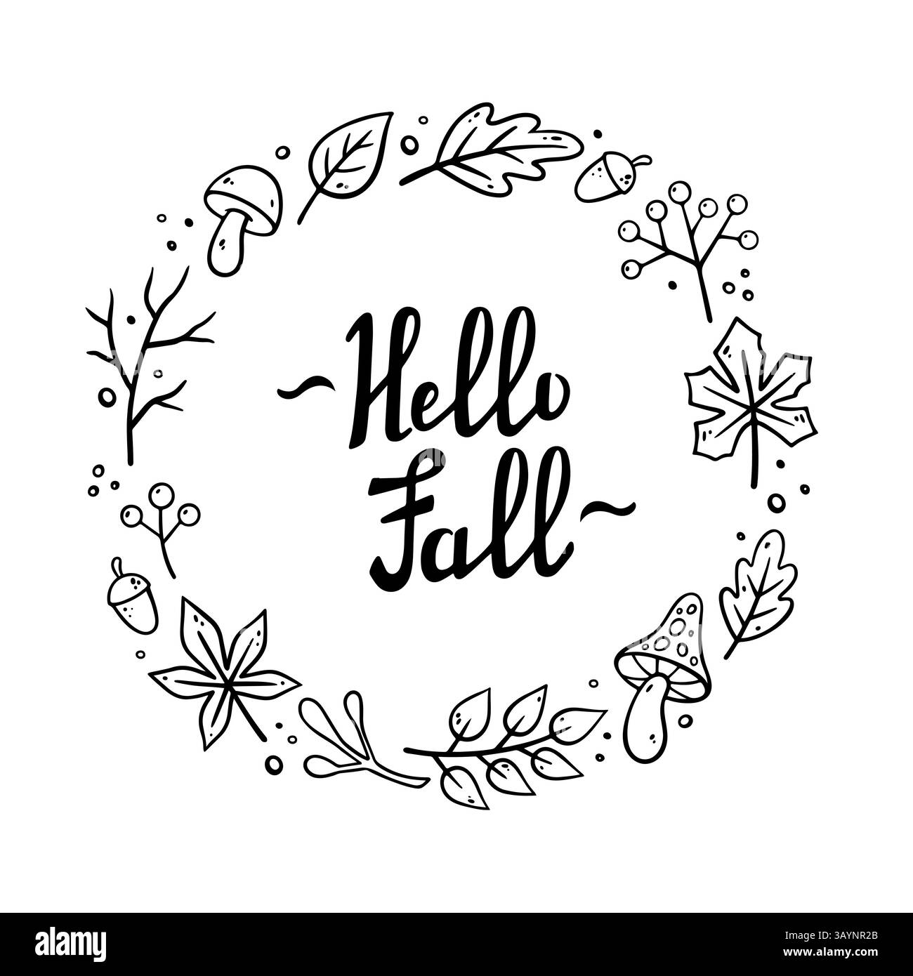BONJOUR automne lettrage manuscrit. Cadre décoratif d'automne, modèle, bordure, espace de copie avec champignons, feuilles de chêne, feuilles d'érable, glands, brindilles sèches. Illustration vectorielle dans le style Doodle. Illustration de Vecteur