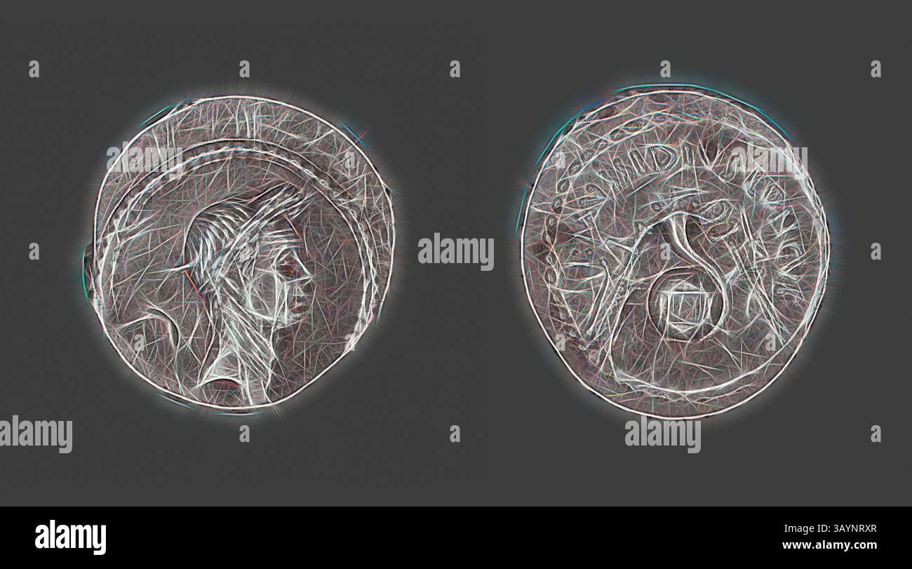 Une représentation artistique d'une paire de pièces anciennes, avec des dessins complexes qui mettent en valeur des profils et des symboles mythologiques, soulignant l'art historique et l'artisanat. Denarius (coin) représentant Jules César, 42 av. J.-C., émis par L. Mussidius Longus, romain, frappé à Rome, Rome, argent, diam. 2 cm, 3,83 g Art classique avec une touche moderne réinventée par Artotop Banque D'Images