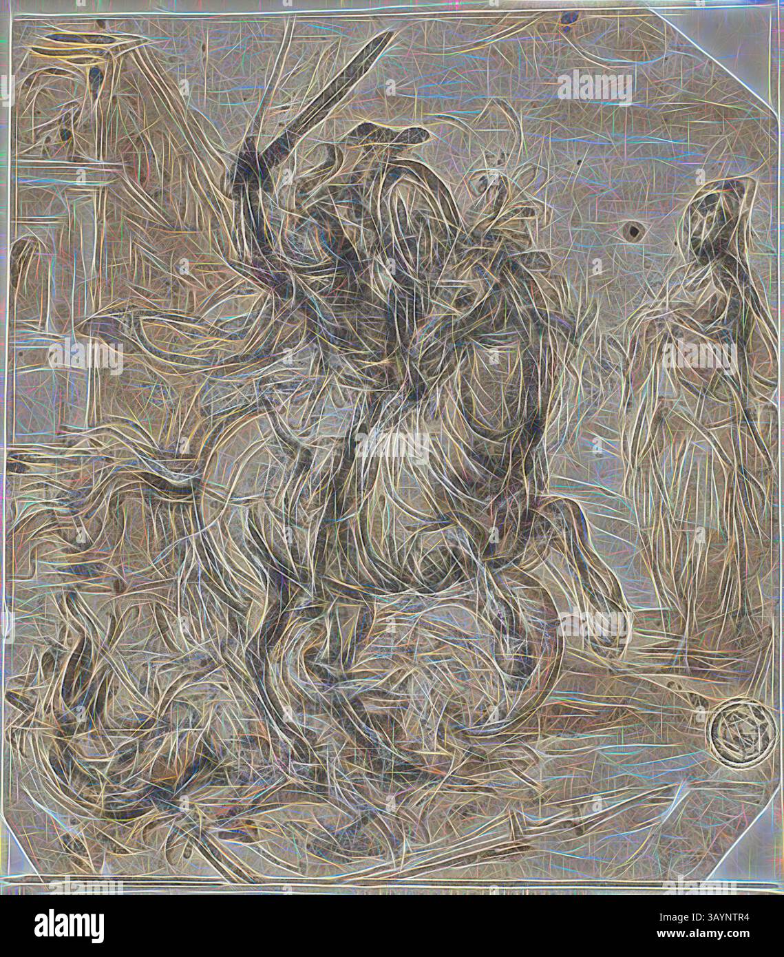 Une scène dynamique représentant un chevalier à cheval engagé dans la bataille, brandissant une épée farouchement. Le chevalier semble résolu, tandis que le sol est éparpillé par les restes du conflit. En arrière-plan, des figures ombragées observent le drame en cours, ajoutant un sentiment de tension et d'urgence au moment. Saint George et le Dragon, s.d., attribué à Carlo Urbino, Italien, actif 1535-1585, Italie, stylo et encre brune, avec pinceau et lavage brun, rehaussé de blanc de plomb (partiellement décoloré), sur craie noire, sur papier posé ivoire, posé sur papier posé ivoire, 132 x 116 mm Art classique avec un Banque D'Images