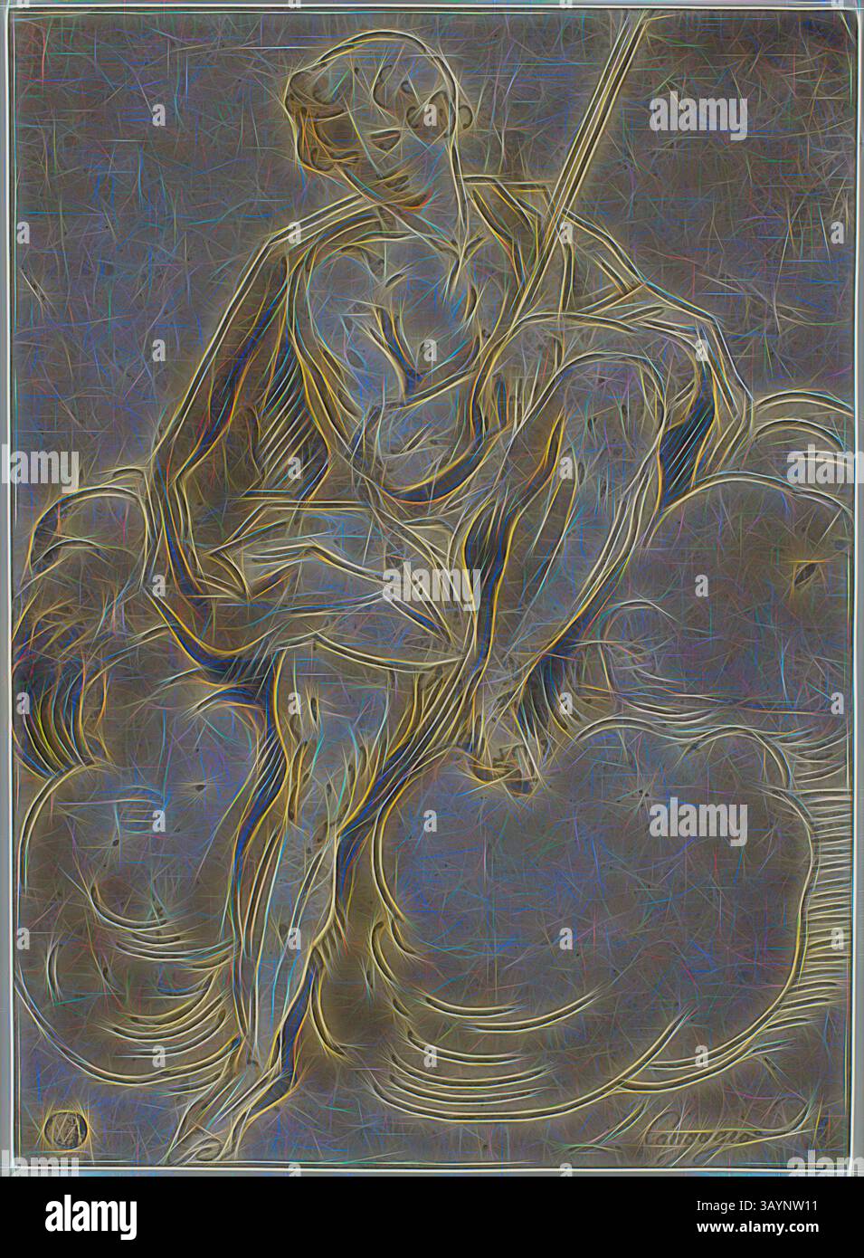 Un personnage serein est assis gracieusement sur un nuage, drapé de robes coulantes, tenant un personnel. La composition évoque un sentiment de tranquillité et de présence divine, avec des lignes tourbillonnantes et des reflets subtils ajoutant profondeur et élégance. Assis Saint Jean Baptiste, 1560/70, Ecole de Luca Cambiaso, Italien, 1527-1585, Italie, stylo et encre brune avec pinceau et lavage brun et gris, avec des traces de graphite, sur papier couché crème, posé sur papier tissé crème, 301 x 220 mm Art classique avec une touche moderne réinventée par Artotop Banque D'Images