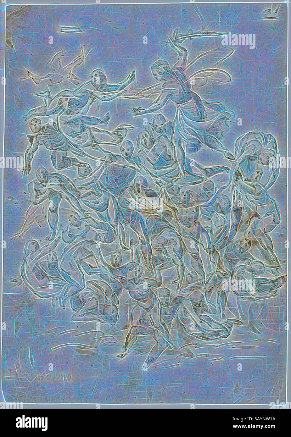 Une scène dynamique représentant des personnages en mouvement, avec des êtres éthérés s'engageant dans une interaction dramatique. La composition suggère un thème de lutte ou d’ascension, caractérisé par des formes tourbillonnantes et des lignes fluides qui transmettent un sentiment d’urgence et d’énergie. Chute des damnés (recto), croquis de Saint Jean Baptiste assis (verso), s.d., cercle de Ludovico Cardi, dit il Cigoli, italien, 1559-1613, Italie, encre crayon et fer à bille avec pinceau et lavage bleu et brun, éventuellement sur des traces de craie noire (recto), et stylo et encre brune avec pinceau et encre bleue et grise et craie rouge (verso), sur bronzage posé Banque D'Images