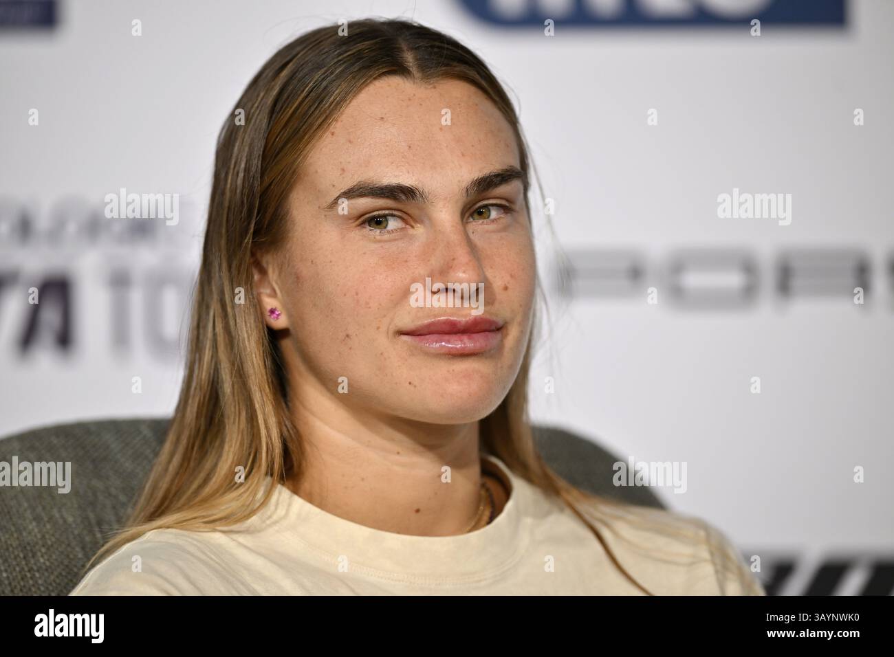 Aryna Sabalenka BLR, conférence de presse, PK, portrait, sourires, tennis Ladies Porsche Cup, Grand Prix, GP, Stuttgart 2025, Porsche Arena, Stuttgart, Bade Banque D'Images