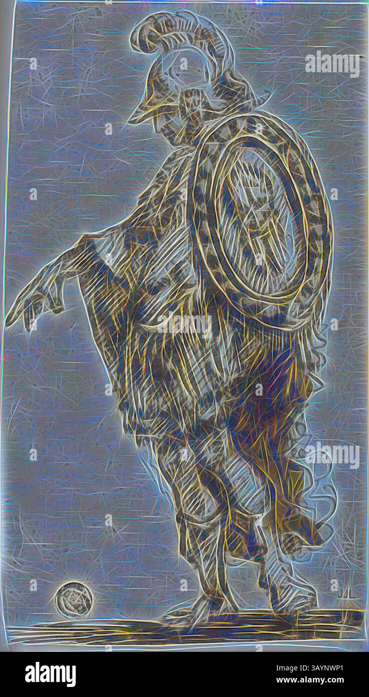 Un personnage vêtu d'une armure et d'un manteau fluide se tient debout, tenant un bouclier rond dans une main tout en étendant l'autre vers l'extérieur. L'image transmet un sentiment de mouvement et de grâce, avec des lignes et des textures complexes qui améliorent la représentation de la position héroïque du personnage. Guerrier debout avec bouclier, 1750, attribué à Stefano della Bella, italien, 1610-1664, Italie, stylo et encre brune, avec pinceau et lavage brun, sur traces de graphite, sur papier posé ivoire, posé sur papier posé ivoire, 181 x 193 mm Art classique avec une touche moderne réinventé par Artotop Banque D'Images