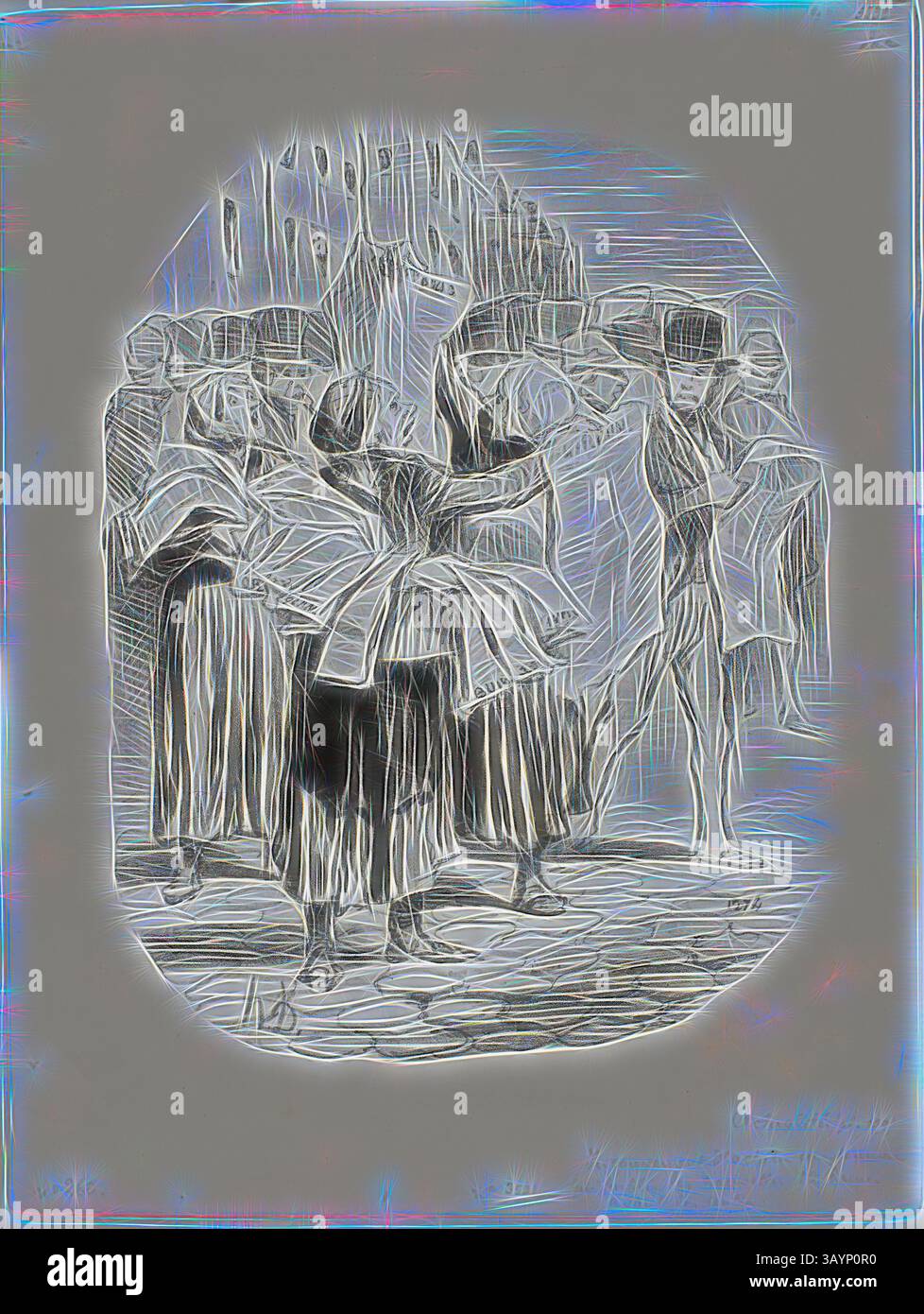 Un groupe de personnages habillés en tenue traditionnelle transporte de grands objets décoratifs, créant une scène dynamique remplie de mouvement et de signification culturelle. Les contours frappants renforcent le sentiment d'énergie et de célébration dans leur rassemblement. L'inconvénient d'acheter un journal qui publie les nouvelles douze heures avant les autres., Comment se fait-il que j'achète votre journal et ne trouve pas les nouvelles d'aujourd'hui ?, Monsieur, les nouvelles d'aujourd'hui étaient dans le journal d'hier, planche 139 des Actualités, 1848, Honoré Victorin Daumier, français, 1808-1879, France, lithographie en noir sur papier tissé blanc, 268 × 207 mm (image), 348 Banque D'Images