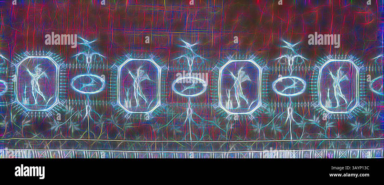 Une représentation abstraite mettant en vedette une série de figures illuminées dans des contours ornés et encadrés, sur un fond vibrant et texturé. Le design combine des lignes complexes et des couleurs vives, créant un rythme visuel dynamique. Jupe, c. 1810, France, soie, tissage Uni avec des trames brodées supplémentaires, des trames à motifs supplémentaires, et auto-modelé par des flotteurs de trame au sol, deux panneaux et deux fragments rattachés, tissés sur un métier à tisser avec attache Jacquard, 108,4 × 179,9 cm (42 5/8 × 70 7/8 po.) Art classique avec une touche moderne réinventé par Artotop Banque D'Images