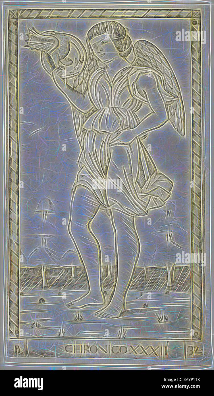 Une figure gracieuse avec des ailes tient un oiseau dans une main, debout sur un sol stylisé orné de végétation. Les lignes angulaires et les détails complexes soulignent les vêtements fluides et l'expression sereine du personnage, évoquant un sentiment de paix et de contemplation. Génie du temps, planche 32 de Genii et vertus, c. 1465, Maître de la série E Tarocchi, italien, actif c. 1465, Italie, gravure sur papier, 178 x 100 mm (plaque), 183 x 105 mm (feuille) Art classique avec une touche moderne réinventée par Artotop Banque D'Images