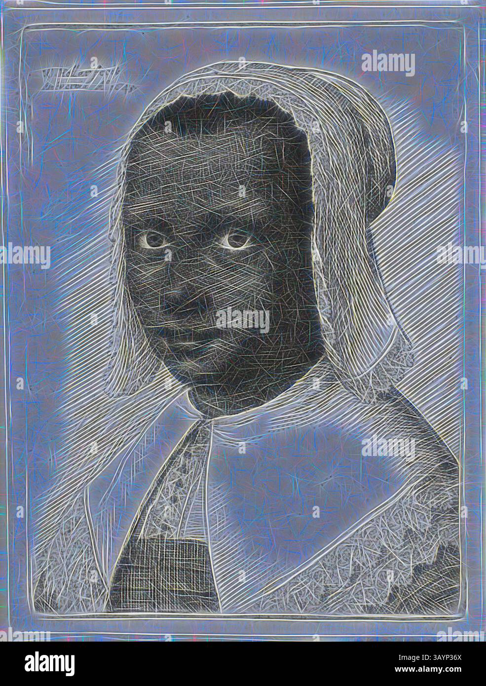 Un portrait historique montre une figure portant un couvre-chef traditionnel et un collier en dentelle. Le regard captivant et les textures détaillées créent un sentiment de profondeur et d'intrigue, invitant les spectateurs à réfléchir à l'histoire derrière l'image. Tête d'une femme noire avec un chapeau de Kerchief en dentelle, 1645, Wenceslas Hollar, Tchèque, 1607-1677, Bohême, gravure sur papier ivoire, 77 × 58 mm (plaque), 83 × 63 mm (feuille) Art classique avec une touche moderne réinventée par Artotop Banque D'Images