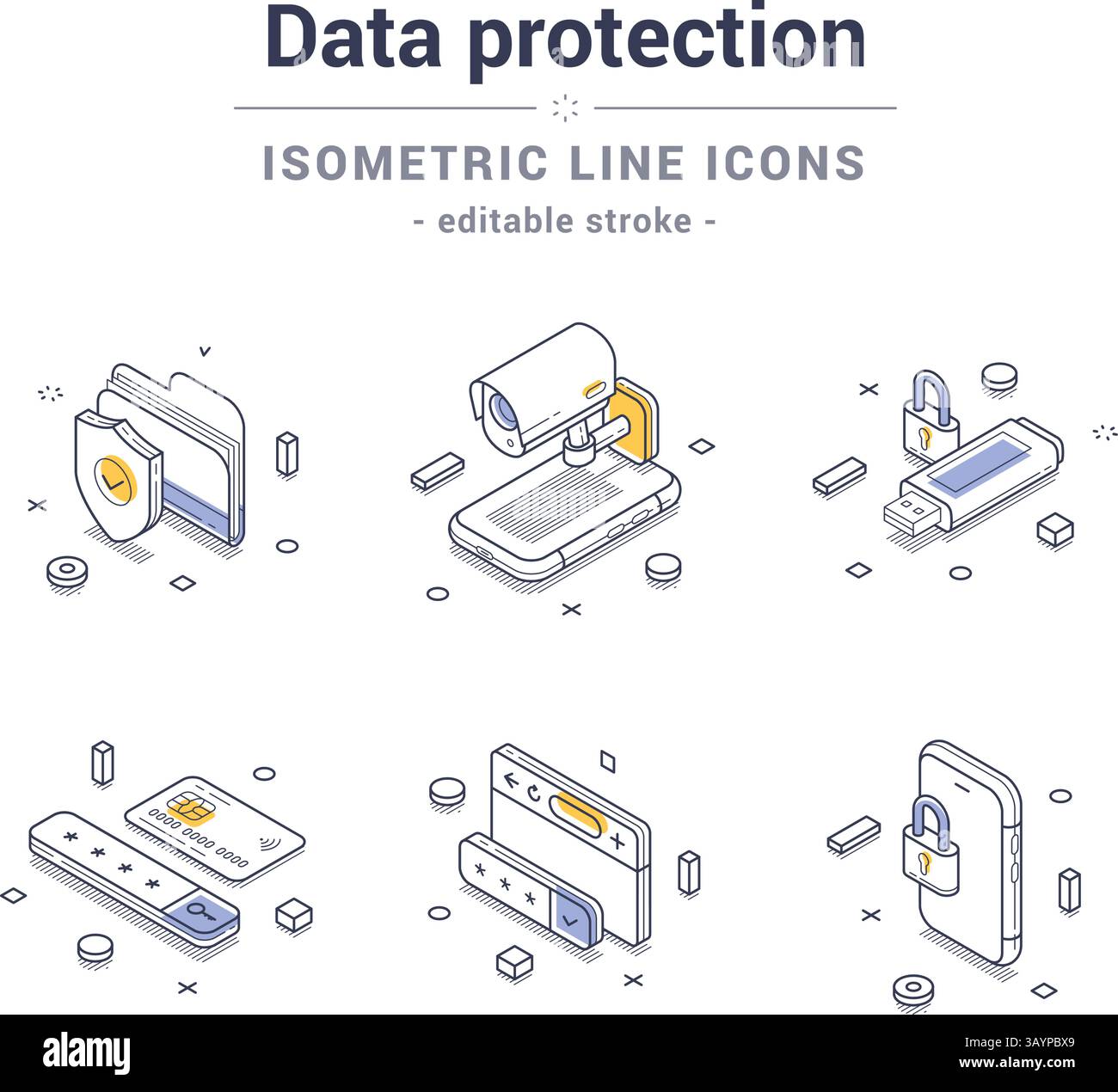 L'ensemble des icônes de ligne isométrique illustre divers concepts de protection des données, y compris le stockage sécurisé, le cryptage et la surveillance. Vecteur moderne Illustration de Vecteur