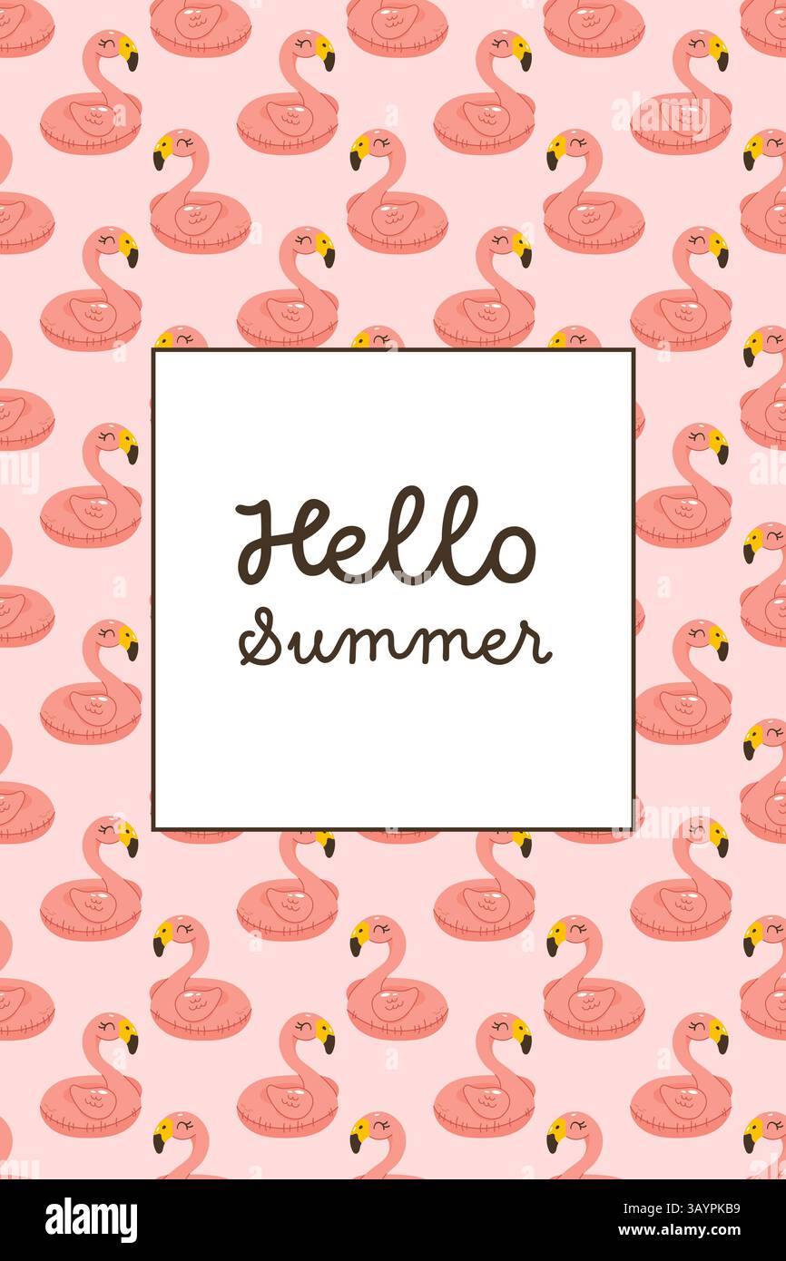 Jolis flamants roses gonflables dans un motif sans couture avec texte Hello Summer. Parfait pour les cartes, les tirages et les promotions estivales. Illustration de Vecteur