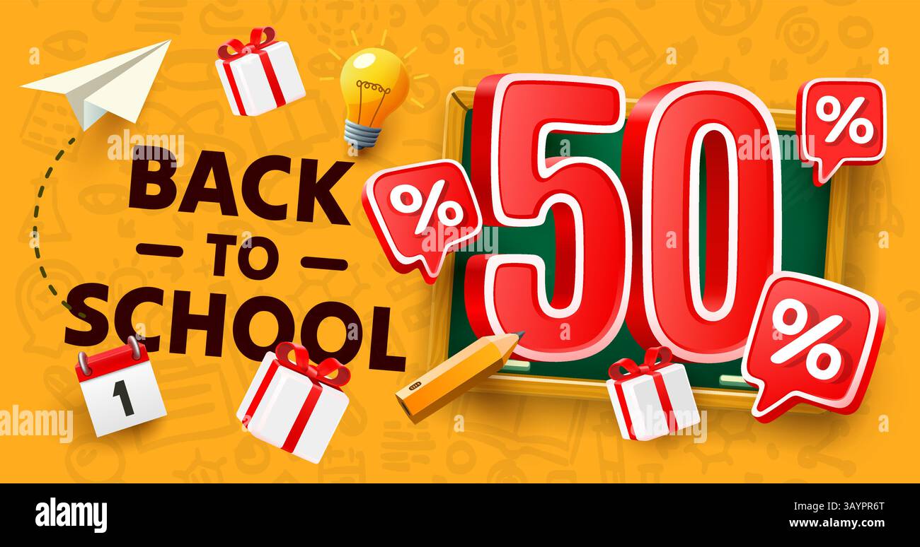 Offre spéciale retour à l'école, solde 50 %. Vecteur Illustration de Vecteur