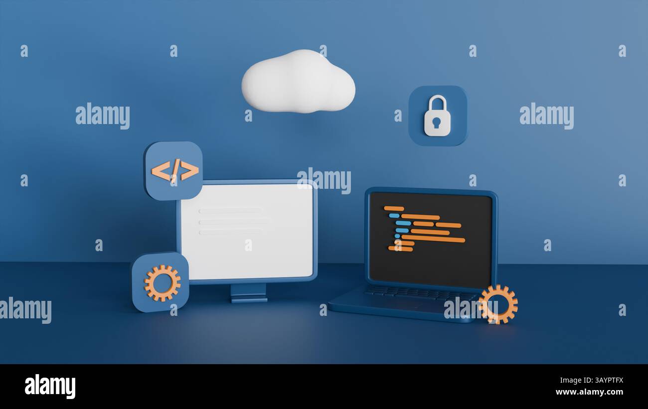 Image 3D d'ordinateur portable, moniteur, stockage en nuage et de sécurité et icônes de programmation sur le sujet des technologies INFORMATIQUES Banque D'Images
