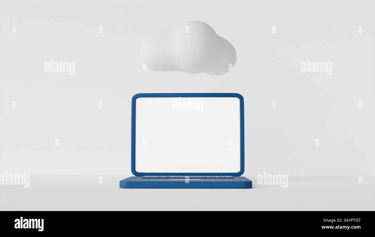Image 3D d'ordinateur portable avec écran blanc et stockage en nuage sur fond blanc comme modèle ou maquette, technologie, cybersécurité Banque D'Images