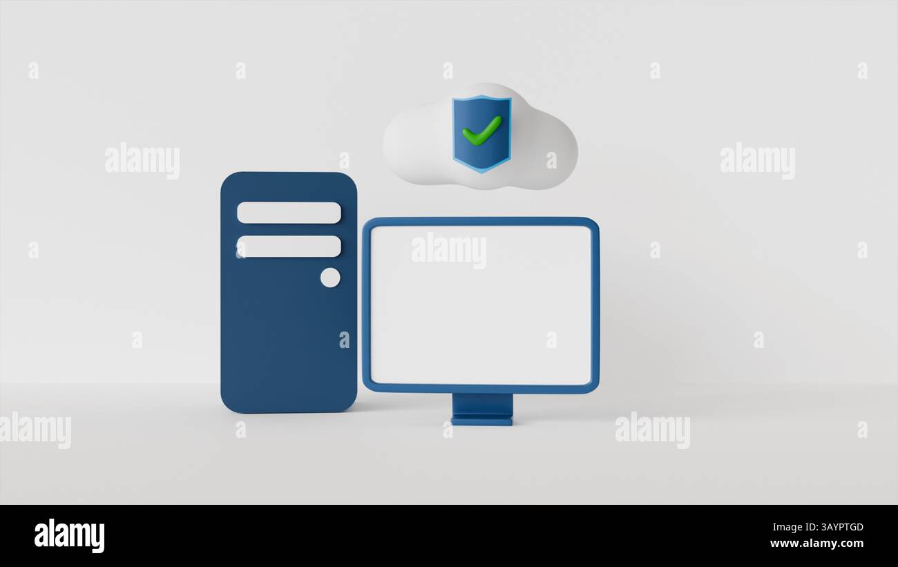 Image 3D de l'ordinateur avec écran blanc et stockage en nuage avec icône de sécurité sur fond blanc comme modèle ou maquette, technologie, cybersécurité Banque D'Images