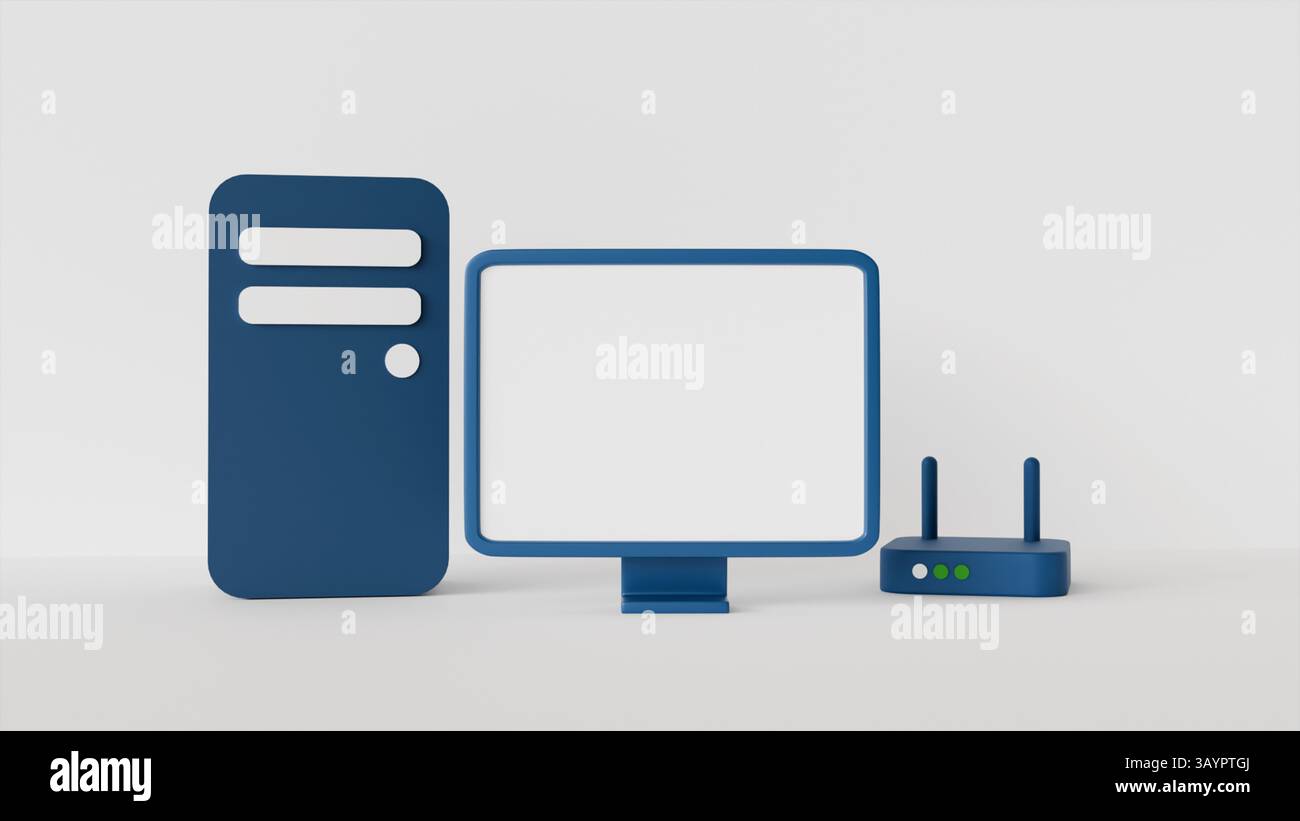 Un ordinateur avec un écran blanc et un routeur sur un fond blanc, utilisé comme modèle ou mise en page pour un design sur le thème de la technologie et des affaires Banque D'Images