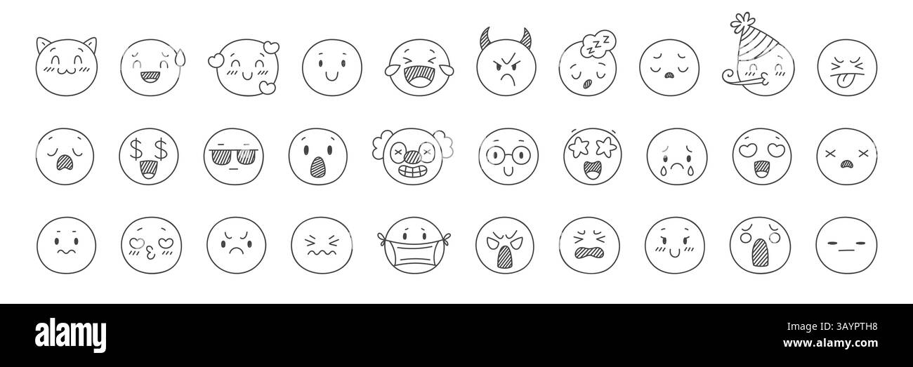 Emoji dessiné à la main. Visages de contour rond de style Doodle avec différentes expressions d'humeur, émotions positives et négatives, caractères de ligne, icône de médias sociaux Illustration de Vecteur