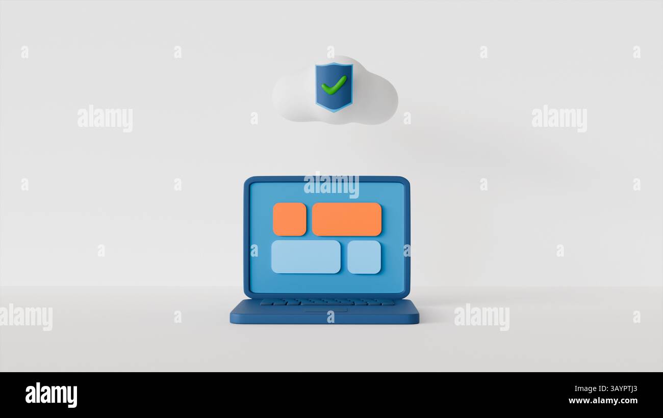 ordinateur portable 3d et stockage en nuage et signe de sécurité sur fond blanc, technologie, cybersécurité Banque D'Images