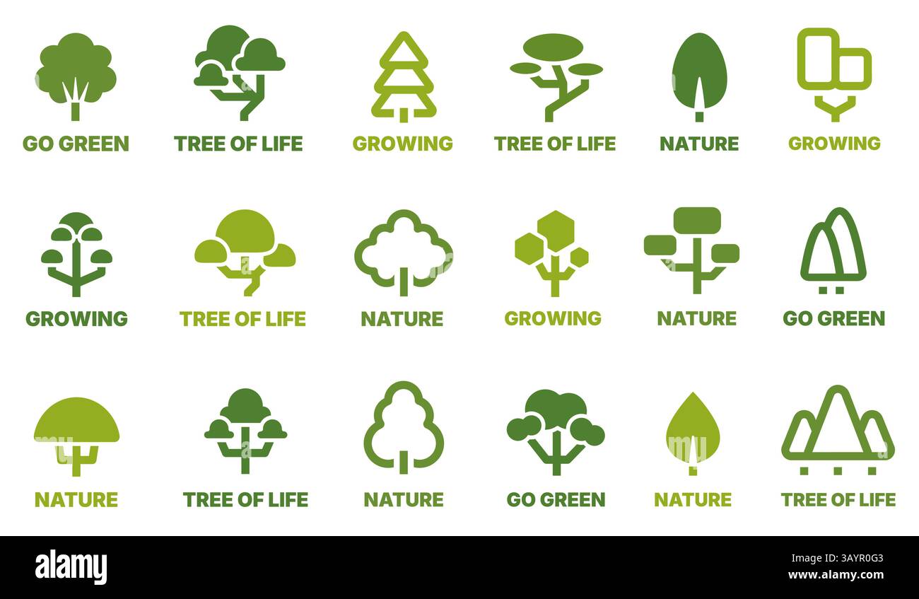 Logo d'entreprise d'arbre. Emblème de silhouette de chêne et de pins, icônes d'affaires de forêt naturelle de croissance d'arbre abstrait, badge de feuille verte simple pour l'étiquette de jardin de parc Illustration de Vecteur