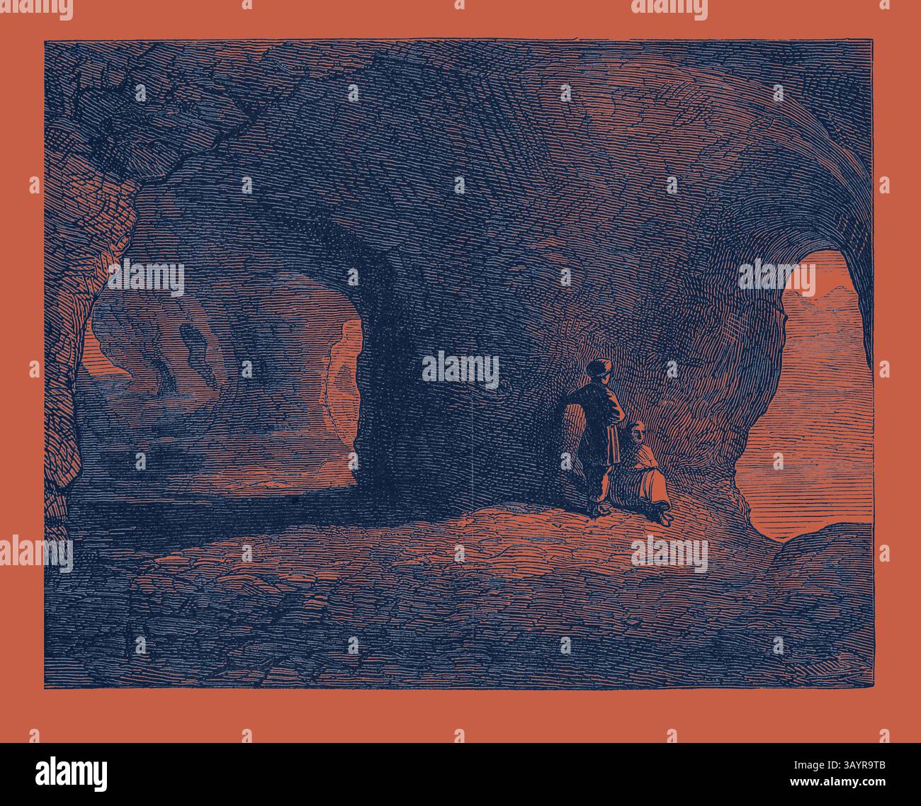 Un homme et un enfant se tiennent debout dans une grotte, regardant vers la lumière coulant des ouvertures devant eux, entourés de formations rocheuses accidentées qui évoquent un sentiment d'aventure et de mystère. Afghanistan : grottes au Pheel Khana Tope 1879 Art classique avec une touche moderne réinventée par Artotop Banque D'Images