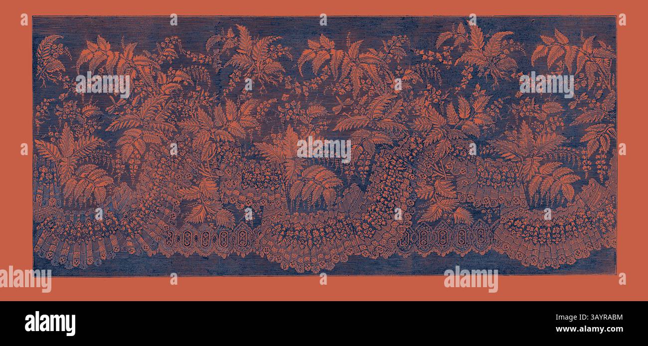 Un motif complexe avec un feuillage luxuriant et des motifs délicats ressemblant à de la dentelle, mêlant harmonieusement des éléments de la nature et de l'art décoratif. Les textures riches et le travail au trait détaillé créent une scène organique captivante. Exposition internationale de Paris : Design pour un point D'Alencon Flounce France 1867 Art classique avec une touche moderne réinventé par Artotop Banque D'Images