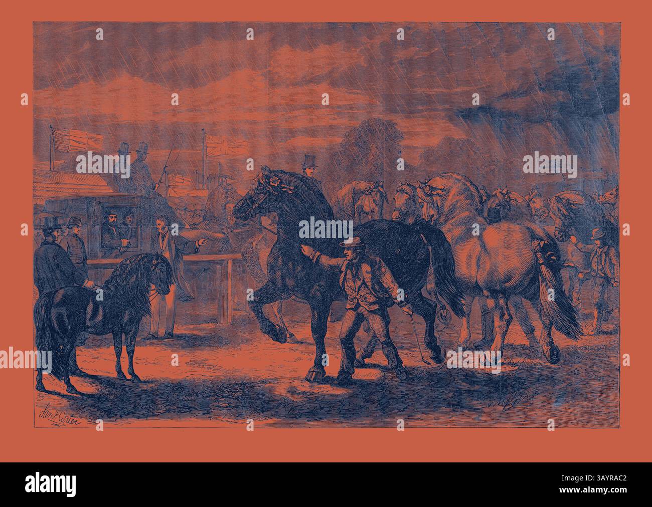 Une scène animée mettant en vedette une variété de chevaux, avec un homme menant un grand cheval tandis que d'autres observent. En arrière-plan, des personnages se rassemblent autour d'un stand, et un groupe de chevaux erre librement, assis contre un ciel dramatique. Suffolk Cart Horses à l'exposition de la Royal Agricultural Society à Bury qualifiés Edmunds 1867 Art classique avec une touche moderne réinventée par Artotop Banque D'Images