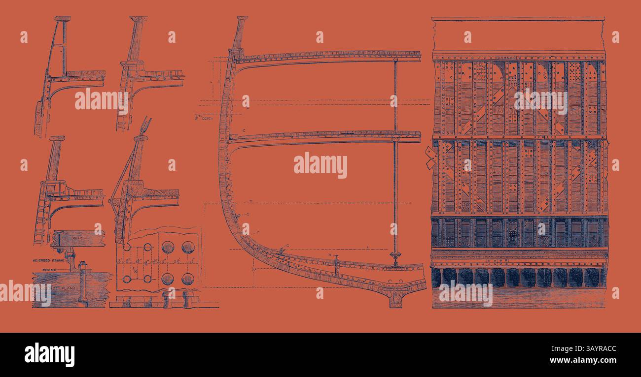 Un plan architectural détaillé présente des éléments structurels, avec des conceptions complexes de poutres et de supports le long d'une vue en coupe transversale d'une ossature, le tout sur un fond contrasté. Designs pour un système de construction navale composite recommandé par Lloyd's UK 1867 Art classique avec une touche moderne réinventée par Artotop Banque D'Images