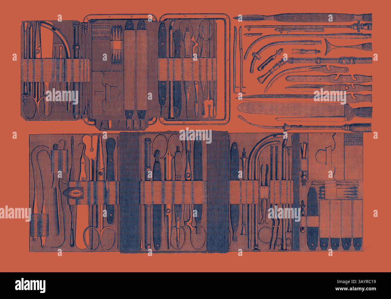 Une collection d'instruments chirurgicaux et d'ustensiles soigneusement organisés dans des compartiments, présentant une gamme d'outils utilisés dans les procédures médicales et les tâches quotidiennes. Exposition internationale de Paris : les lames articulées de Charrière qui peuvent toutes être montées sur une poignée France 1867 Classic Art avec une touche moderne réinventée par Artotop Banque D'Images