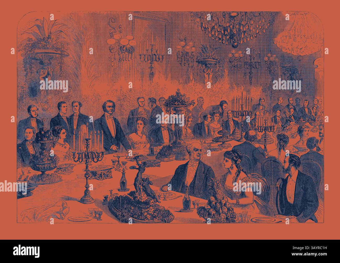 Une somptueuse scène de banquet capture des invités élégamment habillés réunis autour d'une table à manger opulente, ornée de plats gastronomiques et de candélabres étincelants, créant une atmosphère animée de fête et de camaraderie. Banquet donné aux commissaires impériaux de l'exposition de Paris par les commissaires étrangers à l'Hôtel du Louvre France 1867 Art classique avec une touche moderne réinventée par Artotop Banque D'Images