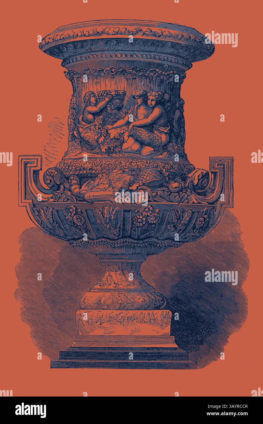 Une urne classique au design complexe avec des sculptures ornées de figures et un feuillage luxuriant, mettant en valeur un savoir-faire exquis et de riches détails décoratifs. Exposition internationale de Paris : le vase en marbre blanc de la Terre exposé par Viot et Co. France 1867 Art classique avec une touche moderne réinventée par Artotop Banque D'Images