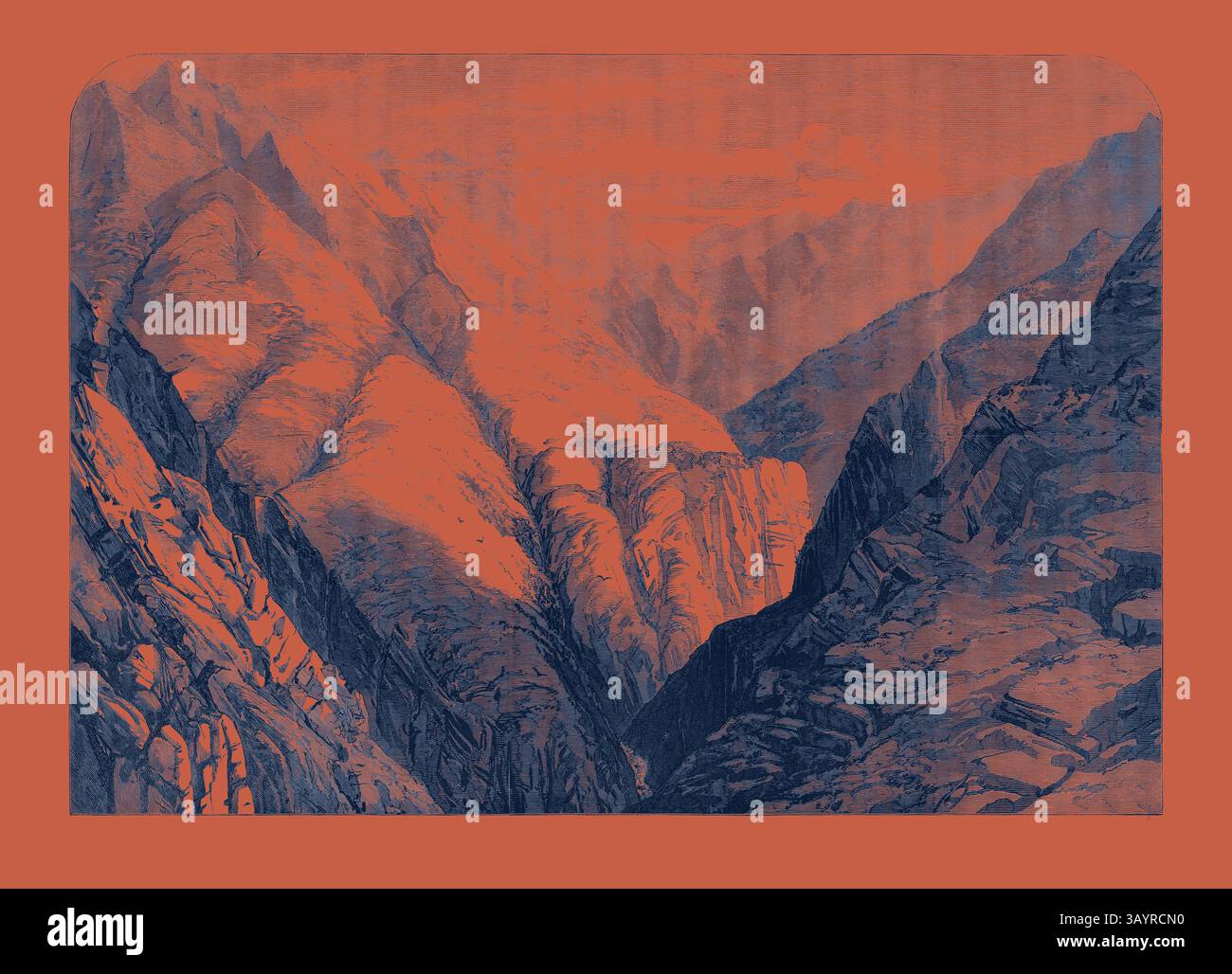 Un paysage spectaculaire avec des chaînes de montagnes escarpées et texturées, avec de profondes vallées creusées entre elles. La scène est mise en valeur par un contraste orange et bleu saisissant, évoquant une sensation de profondeur et de beauté robuste. L'expédition abyssinienne : Deema troisième halte dans le Tekonda Pass 1867 Art classique avec une touche moderne réinventée par Artotop Banque D'Images Un paysage spectaculaire avec des chaînes de montagnes escarpées et texturées, avec de profondes vallées creusées entre elles. La scène est mise en valeur par un contraste orange et bleu saisissant, évoquant une sensation de profondeur et de beauté robuste. L'expédition abyssinienne : Deema troisième halte dans le Tekonda Pass 1867 Art classique avec une touche moderne réinventée par Artotop Banque D'Images