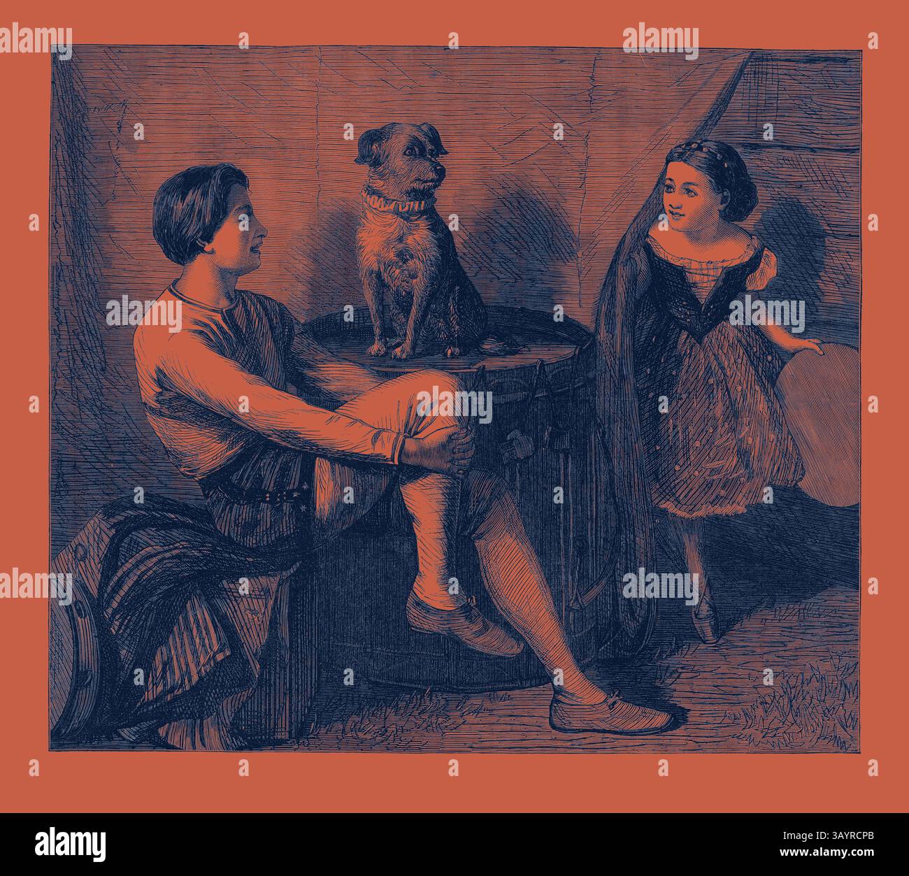 Un garçon et une fille s'engagent dans la conversation tandis qu'un chien les observe attentivement du sommet d'un tonneau, capturant un moment de camaraderie innocente et de curiosité. Toby est un art classique recherché avec une touche moderne réinventée par Artotop Banque D'Images