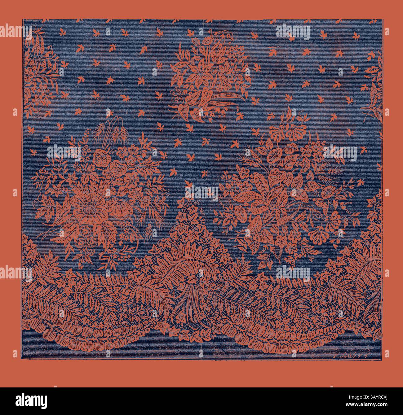 Un design textile détaillé avec des motifs floraux complexes et des vignes délicates, sur fond bleu foncé. Les motifs orange vibrants créent un contraste saisissant, mettant en valeur la beauté ornée de l'arrangement. Honiton Lace Flounce, Wigmore Street, Londres, The International Exhibition 1862, Debenham son et Freebody Classic art avec une touche moderne réinventée par Artotop Banque D'Images Un design textile détaillé avec des motifs floraux complexes et des vignes délicates, sur fond bleu foncé. Les motifs orange vibrants créent un contraste saisissant, mettant en valeur la beauté ornée de l'arrangement. Honiton Lace Flounce, Wigmore Street, Londres, The International Exhibition 1862, Debenham son et Freebody Classic art avec une touche moderne réinventée par Artotop Banque D'Images