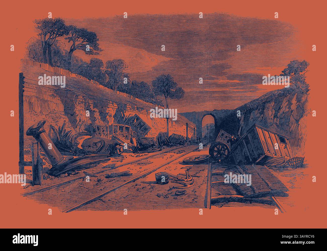Une scène ferroviaire désolée avec des wagons abandonnés et des débris dispersés le long des voies ferrées, encadrés par des falaises rocheuses et une entrée de tunnel lointaine. L'atmosphère transmet un sentiment de négligence et de décomposition, avec une végétation envahie qui réhabille la région. Scène du récent accident de chemin de fer à Winchburgh sur le chemin de fer d'Édimbourg et Glasgow 25 octobre 1862 Art classique avec une touche moderne réinventé par Artotop Banque D'Images