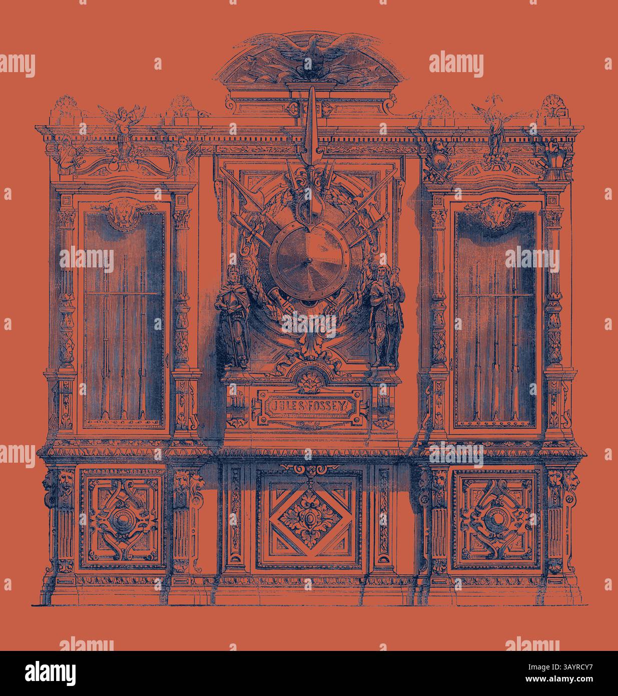 Une structure architecturale élaborée avec des détails ornés, y compris des sculptures et des éléments décoratifs, encadrés sur un fond orange vif. Armurerie ou porte-Fusils, à la Cour de France l'exposition internationale 1862 Art classique avec une touche moderne réinventée par Artotop Banque D'Images