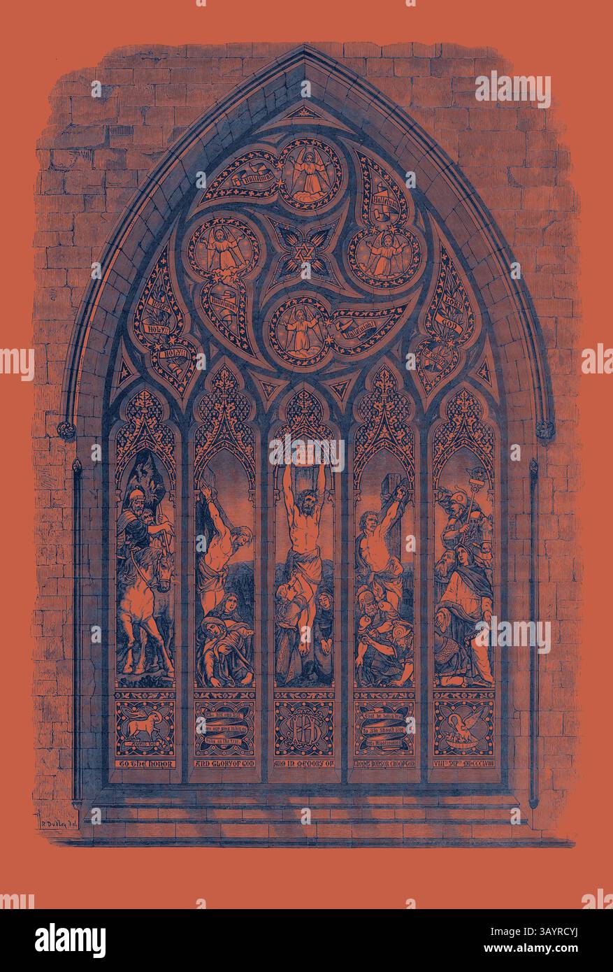 Un superbe vitrail orné de motifs complexes et de figures détaillées, représentant des scènes bibliques et des personnages, le tout sur un fond orange éclatant. Vitrail, exposition internationale 1862 Art classique avec une touche moderne réinventée par Artotop Banque D'Images