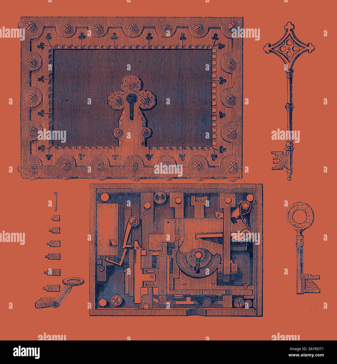 Un design complexe avec une serrure décorative, ses mécanismes intérieurs et deux clés distinctes, le tout sur un fond vibrant. La composition met en valeur le savoir-faire artisanal de la métallurgie historique, mettant en valeur à la fois la forme et la fonction. L'exposition internationale : Hobbs's Bank Lock and Key 1862 Art classique avec une touche moderne réinventé par Artotop Banque D'Images