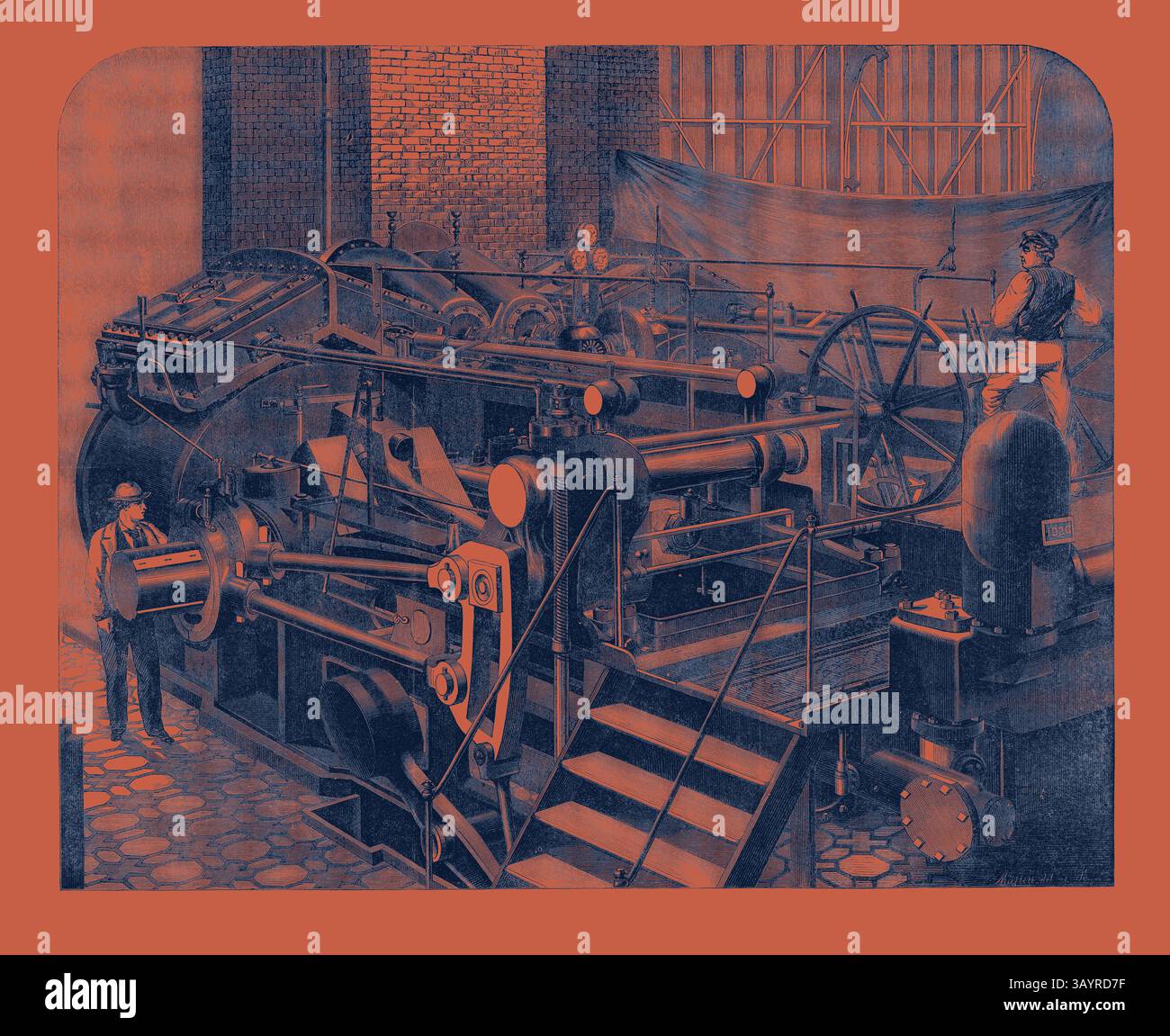 Une scène détaillée de machines industrielles présente une grande presse à imprimer, avec deux ouvriers activement engagés dans son exploitation. Les COGS, les roues et les leviers illustrent la complexité de l'équipement, sur fond de murs de briques et de grandes fenêtres, faisant allusion à un environnement d'atelier animé. L'exposition internationale : les moteurs de Messrs Maudslay de 800 chevaux pour la Valiant 1862 Classic art avec une touche moderne réinventée par Artotop Banque D'Images