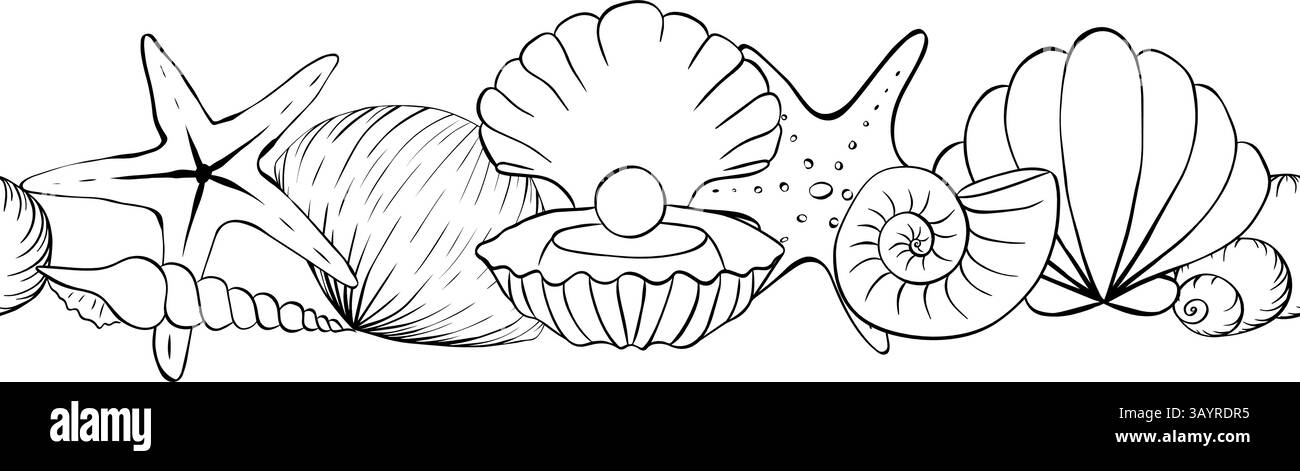 Coquille de mer gros plan sur la bordure horizontale sans couture. Motif d'encre de ligne graphique vectoriel, fond d'été, idéal pour les textiles, les bannières, les fonds d'écran. pour bannière Illustration de Vecteur