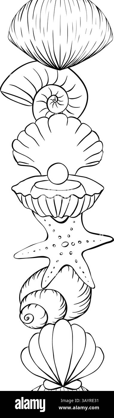 Coquille de mer gros plan bordure verticale sans couture. Motif d'encre de ligne graphique vectoriel, fond d'été, idéal pour les textiles, les bannières, les fonds d'écran. pour les bannières, Illustration de Vecteur