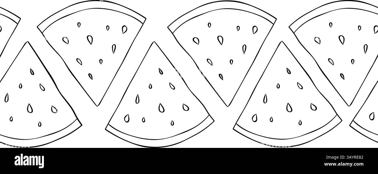 Bordure vectorielle horizontale sans couture de tranche de pastèque. Motif répétitif fruit d'été à l'encre graphique. Bannière, affiche, papier d'emballage, autocollant, impression, m Illustration de Vecteur