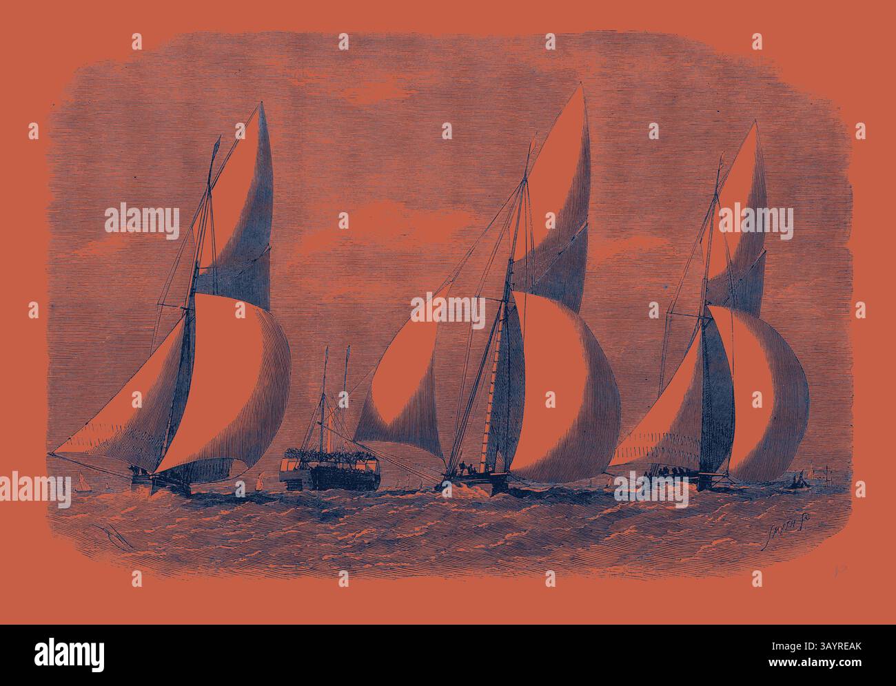 Trois élégants voiliers glissent sur l'eau, leurs voiles blanches voguant dans le vent sur un fond vibrant, créant un contraste saisissant qui capture l'essence de l'aventure maritime. Royal London Yacht Club Cutter match : le Niobe Sphinx et le Vindex Off Coalhouse point 1866 Art classique avec une touche moderne réinventée par Artotop Banque D'Images